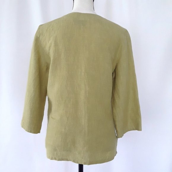 Vintage 1990s Avocado Green Linen 3/4 Sleeve Blouse - Picture 7 of 12